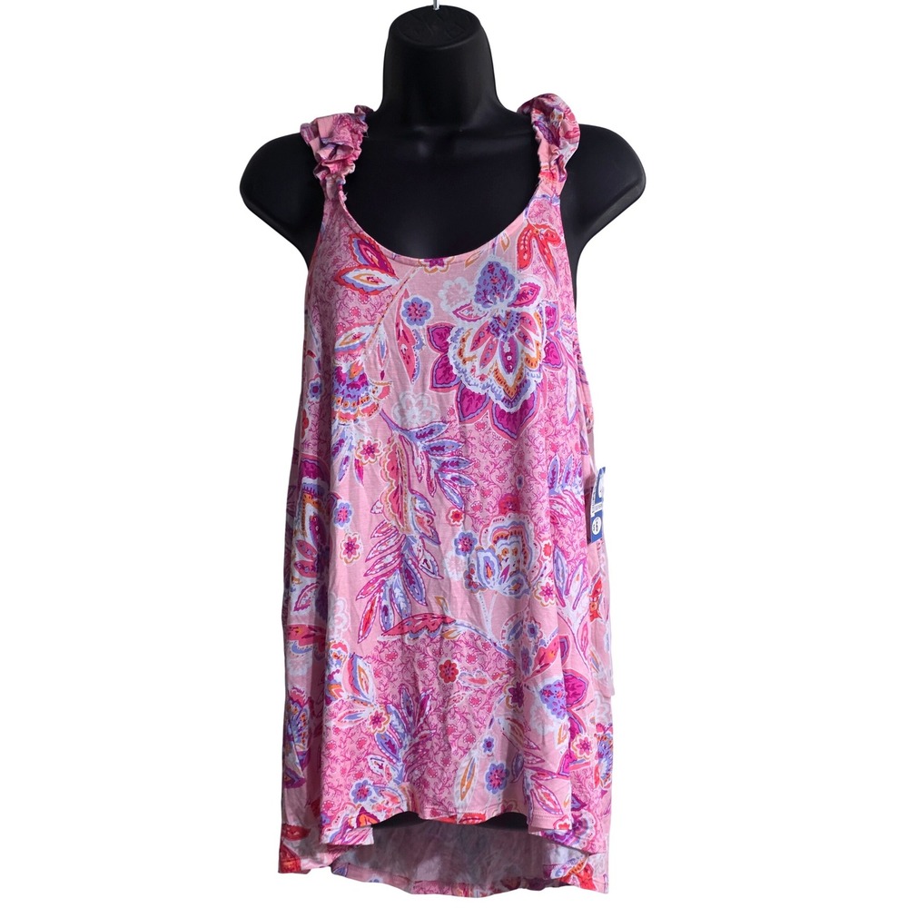 Ellen Tracy Womens Pink Paisley Floral Ruffle Strap High Low Tank Top‎ Large NEW